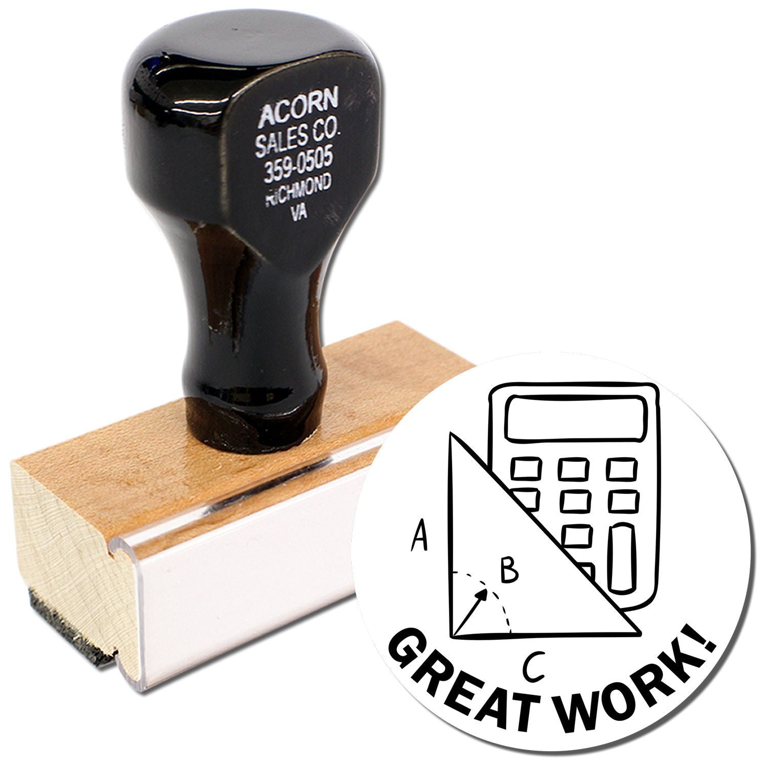 Great Work math teacher stamp with calculator and triangle design, black self-inking rubber stamp for classroom grading