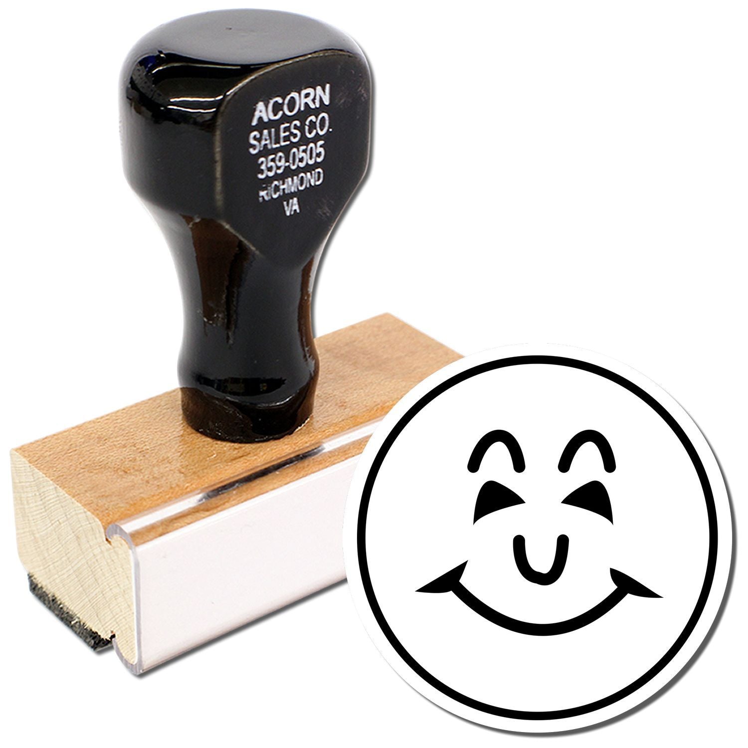 Black custom rubber stamp with smiley face logo on wooden mount