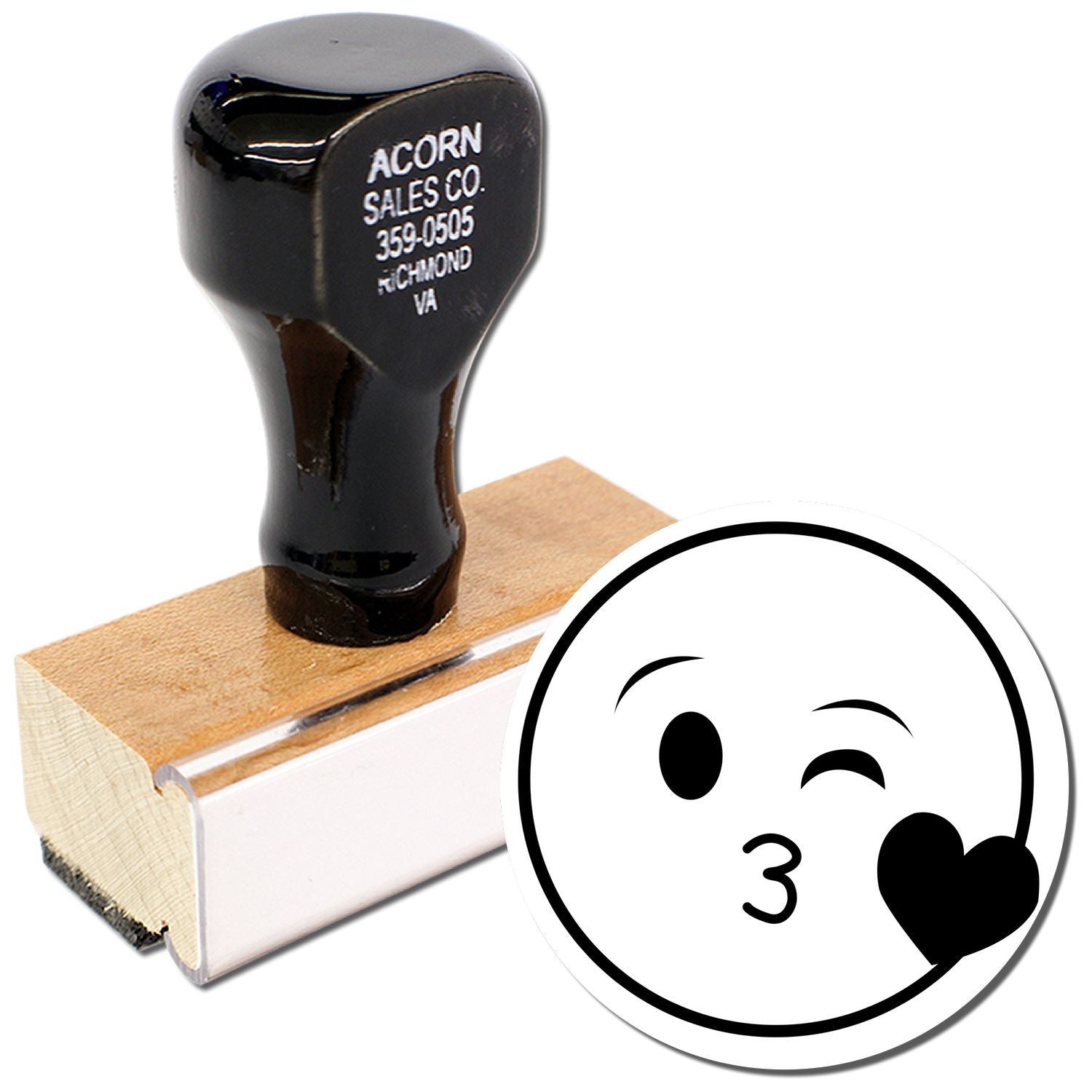 Custom kiss face emoji rubber stamp with wooden handle and black ink handle grip