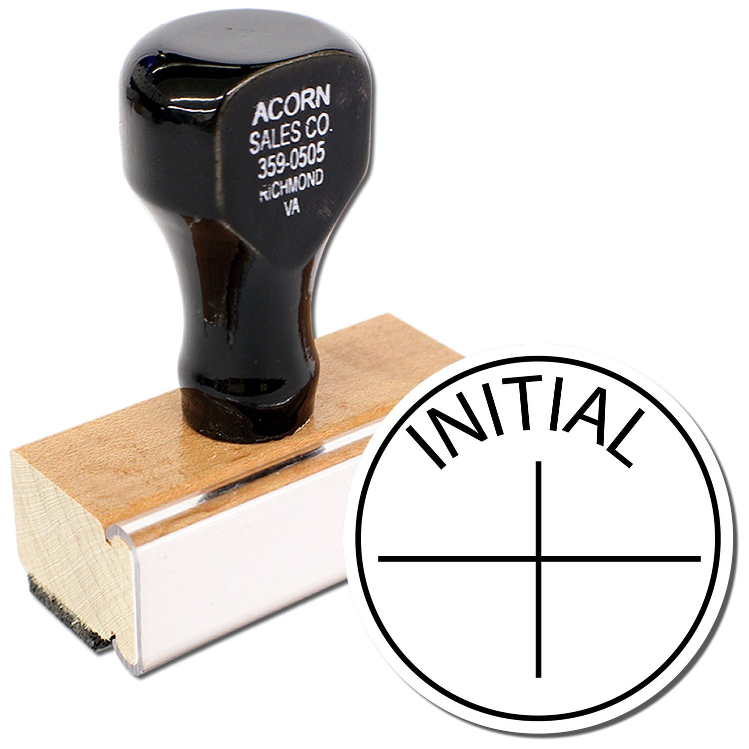 Custom initial rubber stamp with wooden base and black handle for personalized office use