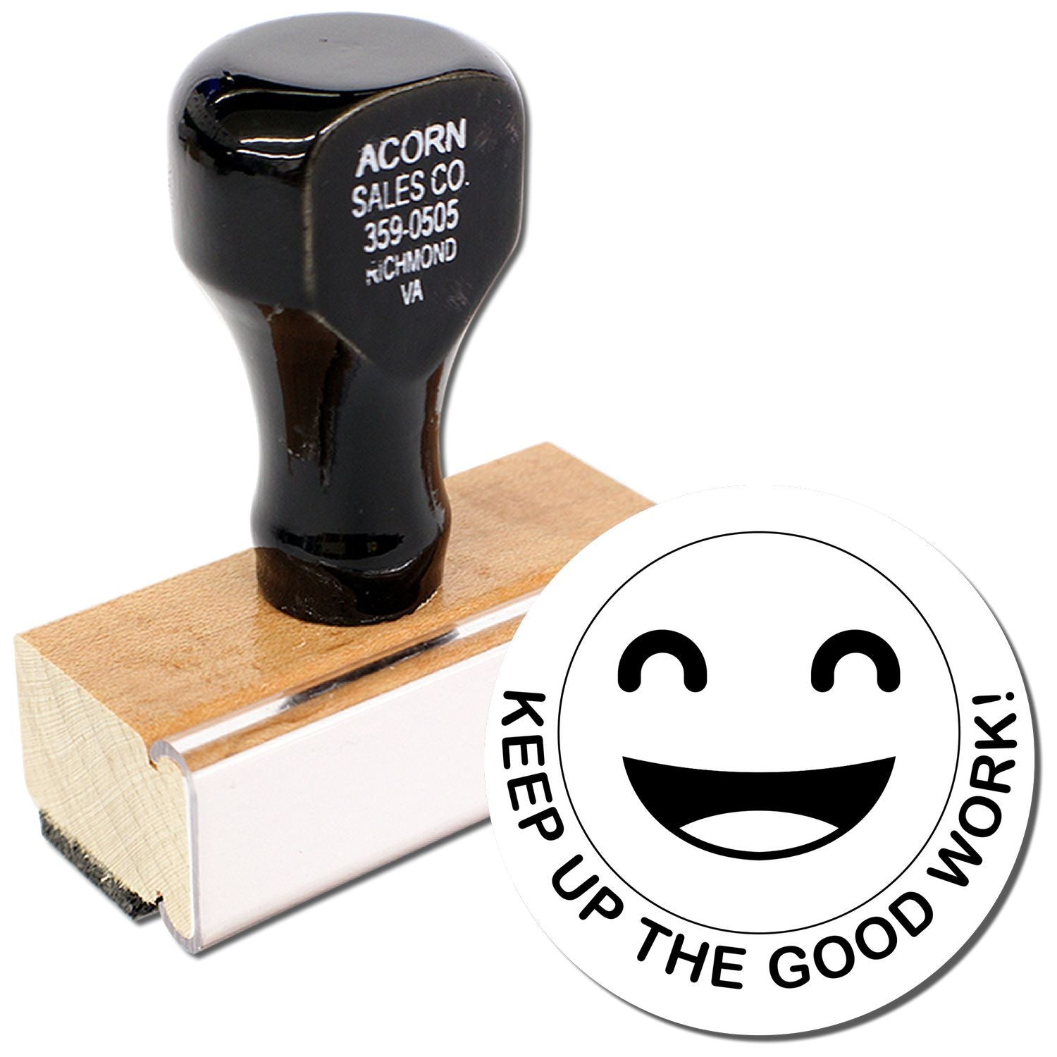 Custom self-inking rubber stamp with black handle and Keep Up the Good Work smiley design