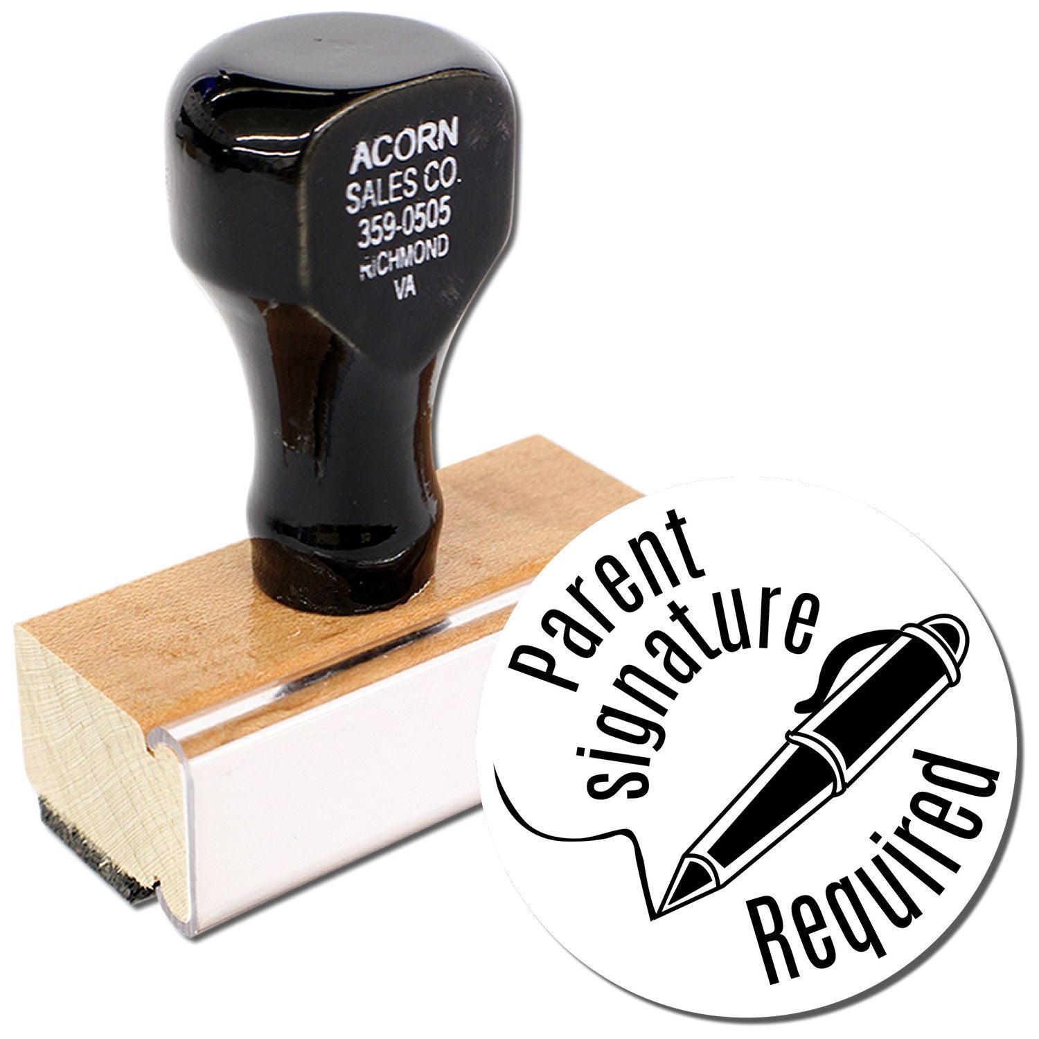 Custom Parent Signature Required rubber stamp with black handle and wooden base on white background.