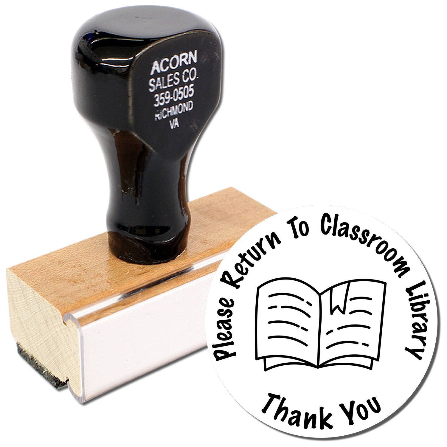 Custom classroom library return stamp with Please Return to Classroom Library Thank You text on a wooden handle stamp.