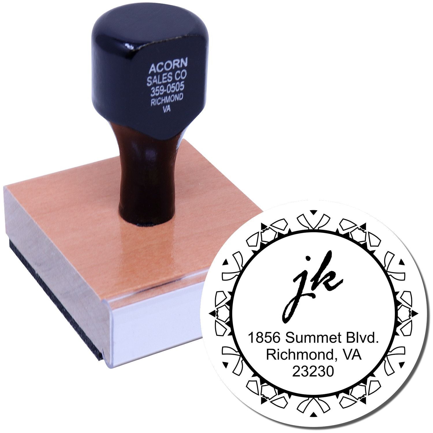 Custom rubber address stamp with monogram and Richmond, VA address, ideal for personalized business mailing and correspondence.