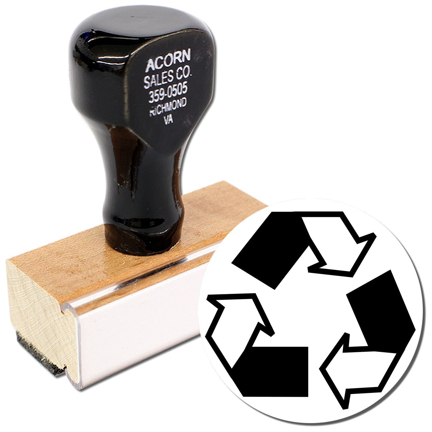 Black recycling rubber stamp with wooden handle and recycle symbol icon on white background