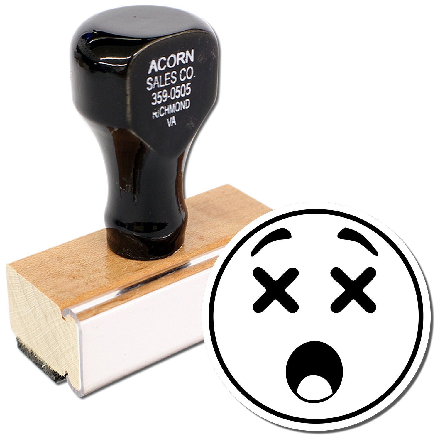 Black custom self-inking rubber stamp with Acorn Sales Co. logo and shocked face icon on white background