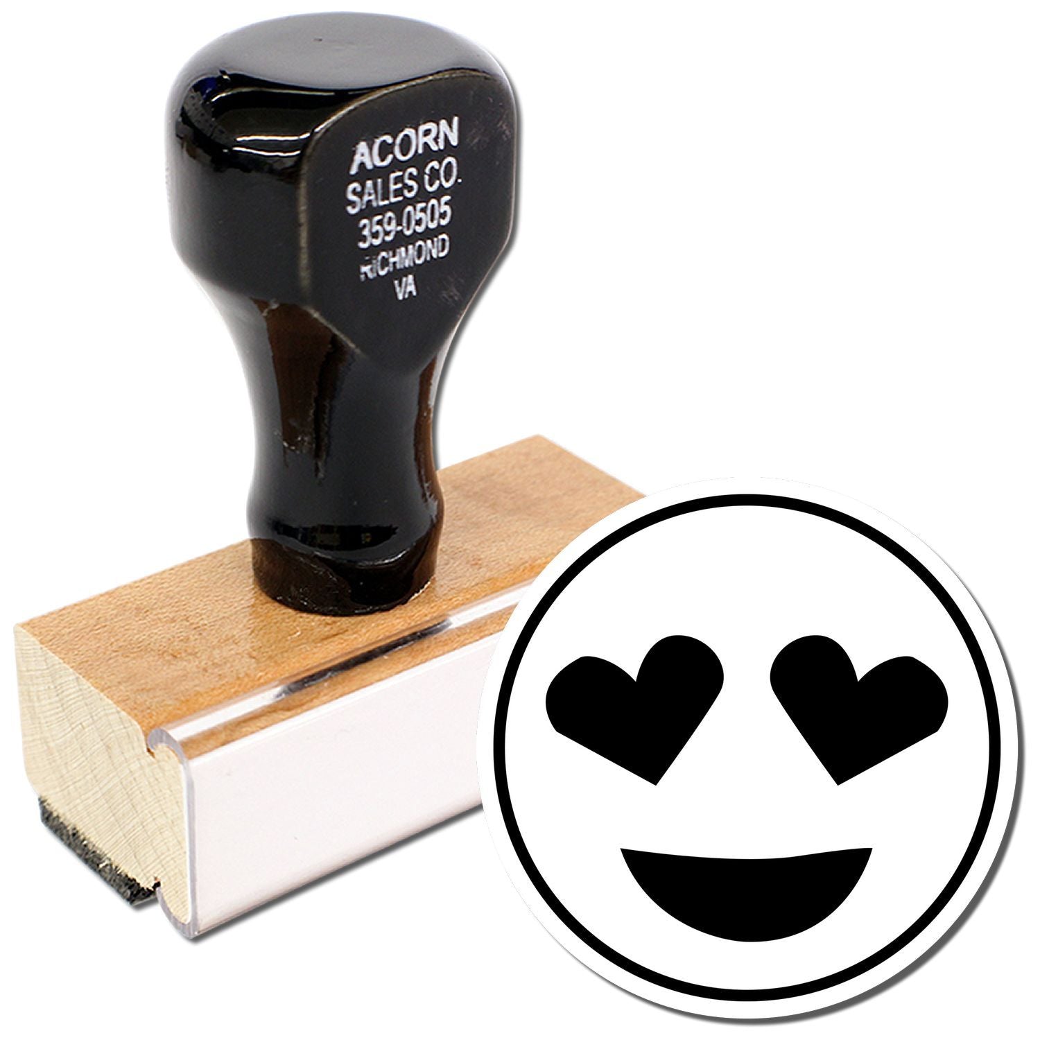 Black custom rubber stamp with wooden handle and heart eyes emoji design on white background