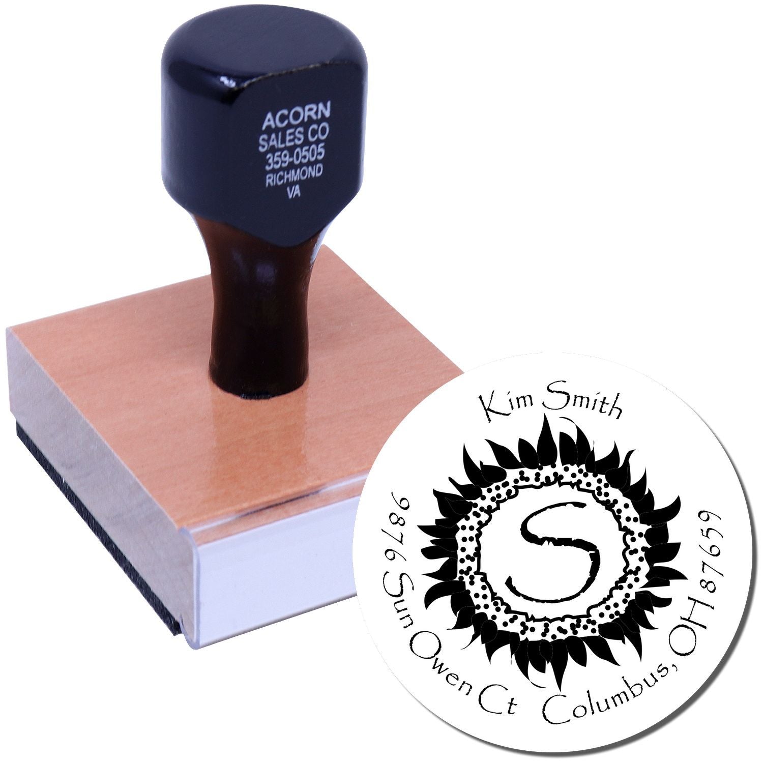 Custom self-inking rubber stamp with sunflower monogram and personalized address for wedding invitations or business mail.