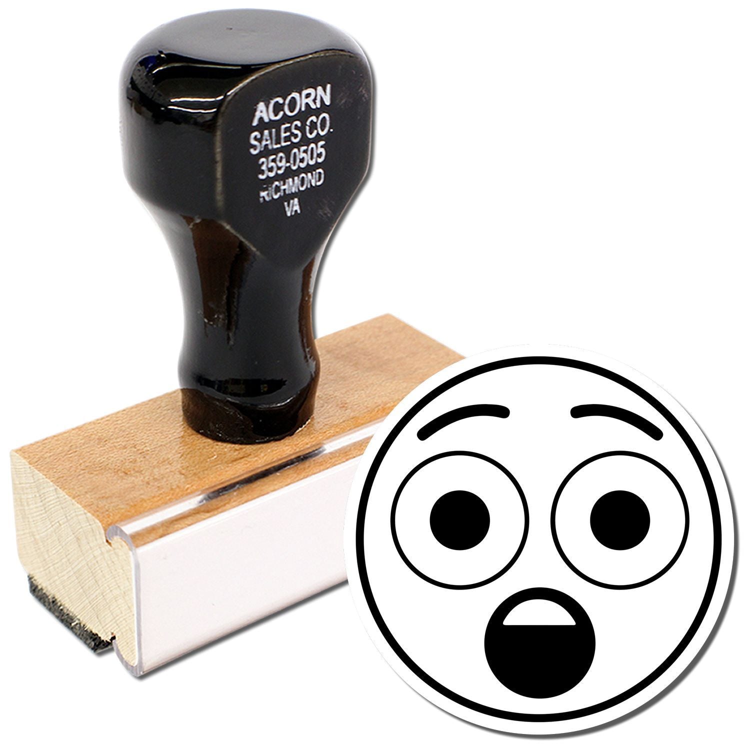 Black custom rubber stamp with Acorn Sales Co. address and shocked emoji design on a white background