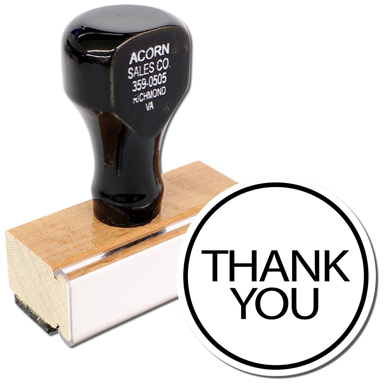 Custom self-inking Thank You rubber stamp with wooden handle and black ink on a white background