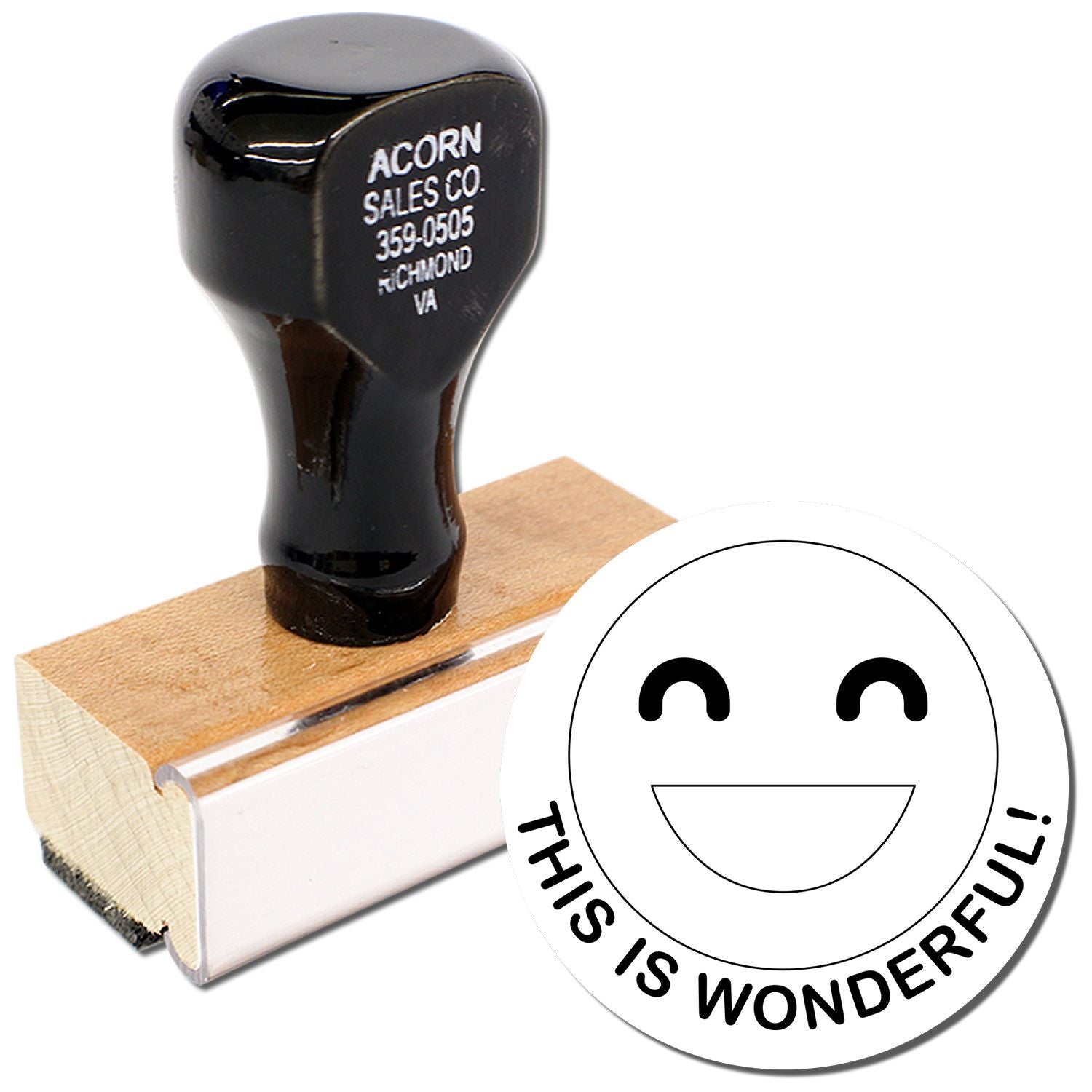 Custom rubber stamp with wooden handle and This Is Wonderful! smiley design on white background