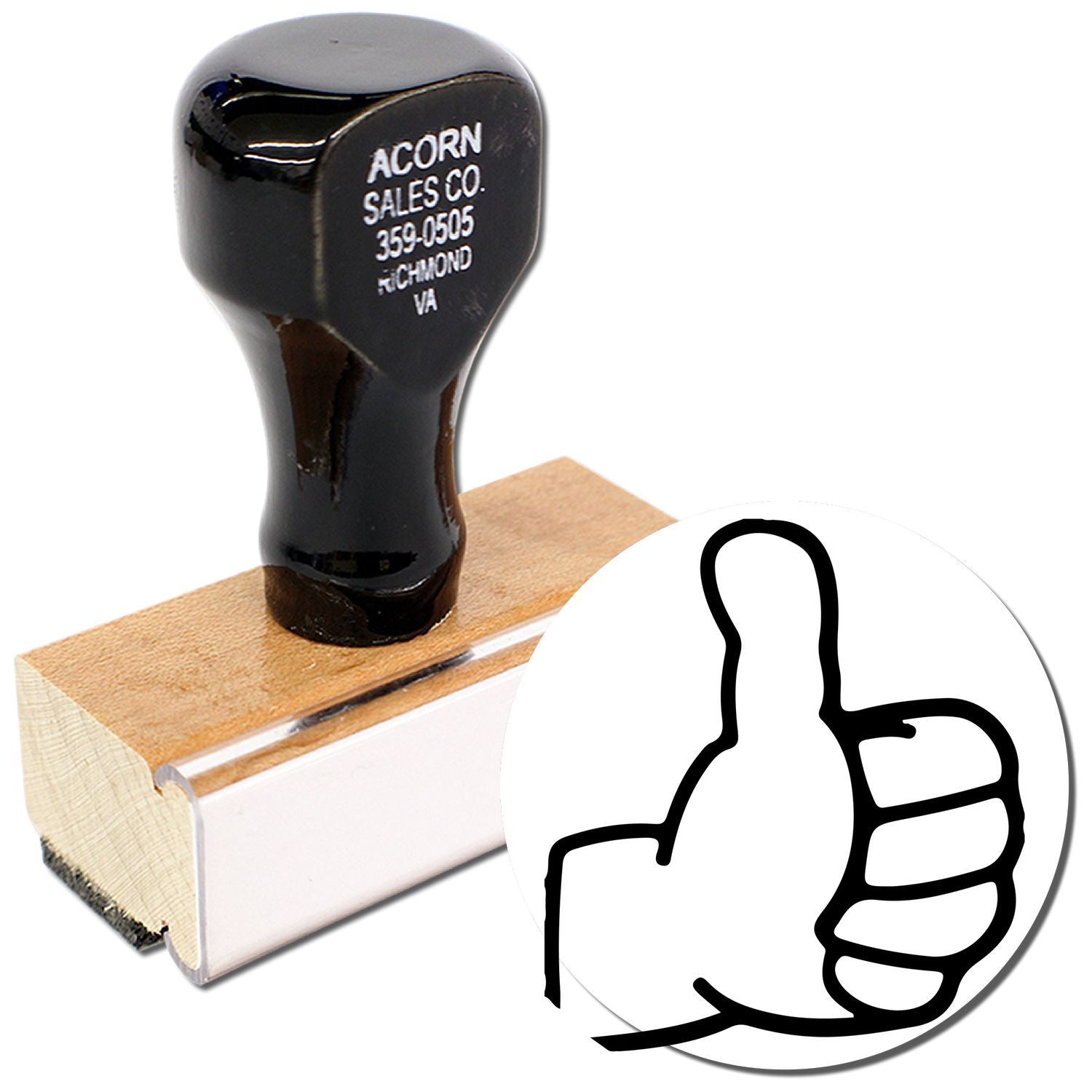 Custom rubber stamp with wooden base and thumb up icon, ideal for business branding and office use