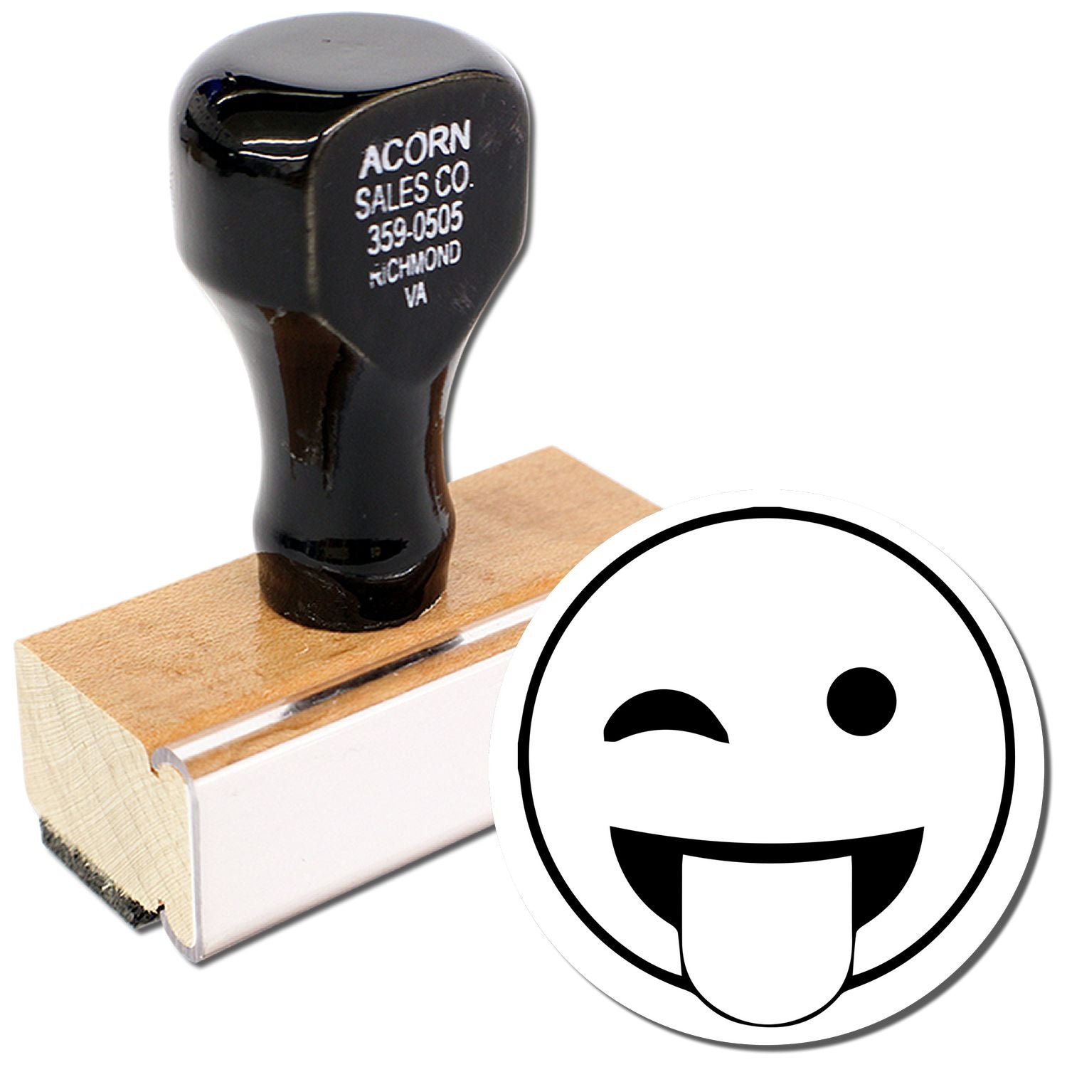 Black custom rubber stamp with winking tongue-out face design on a wooden handle