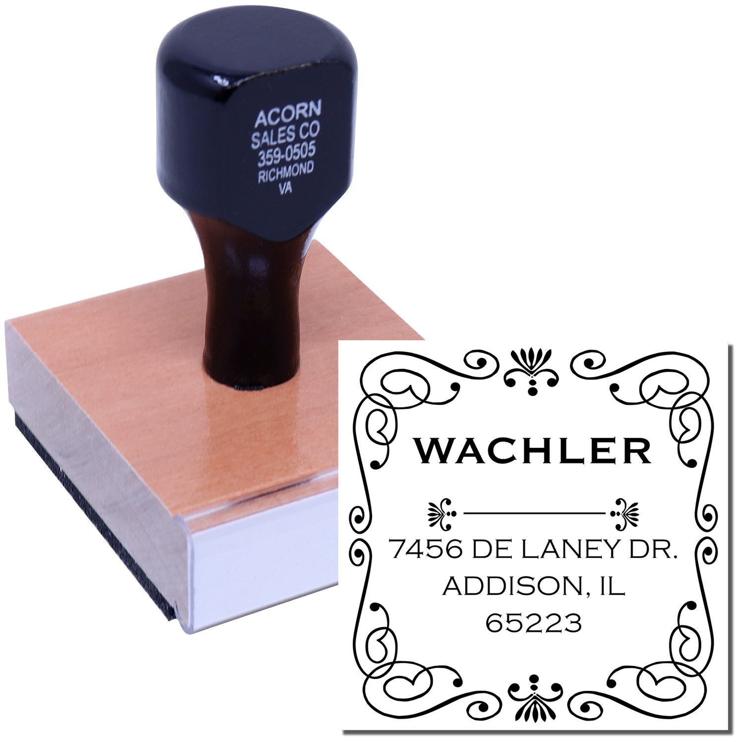 Custom wood handle rubber stamp with decorative return address design for personalized mailing and business use.