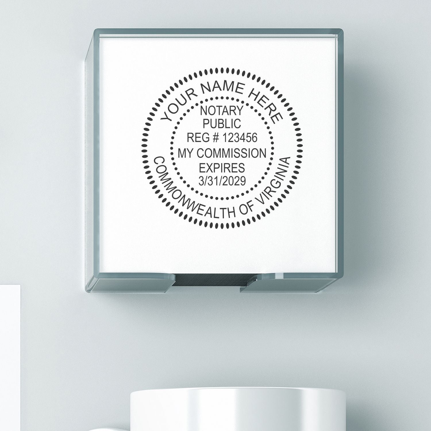 Virginia notary public seal stamp with custom name, registration number, and commission expiration date.