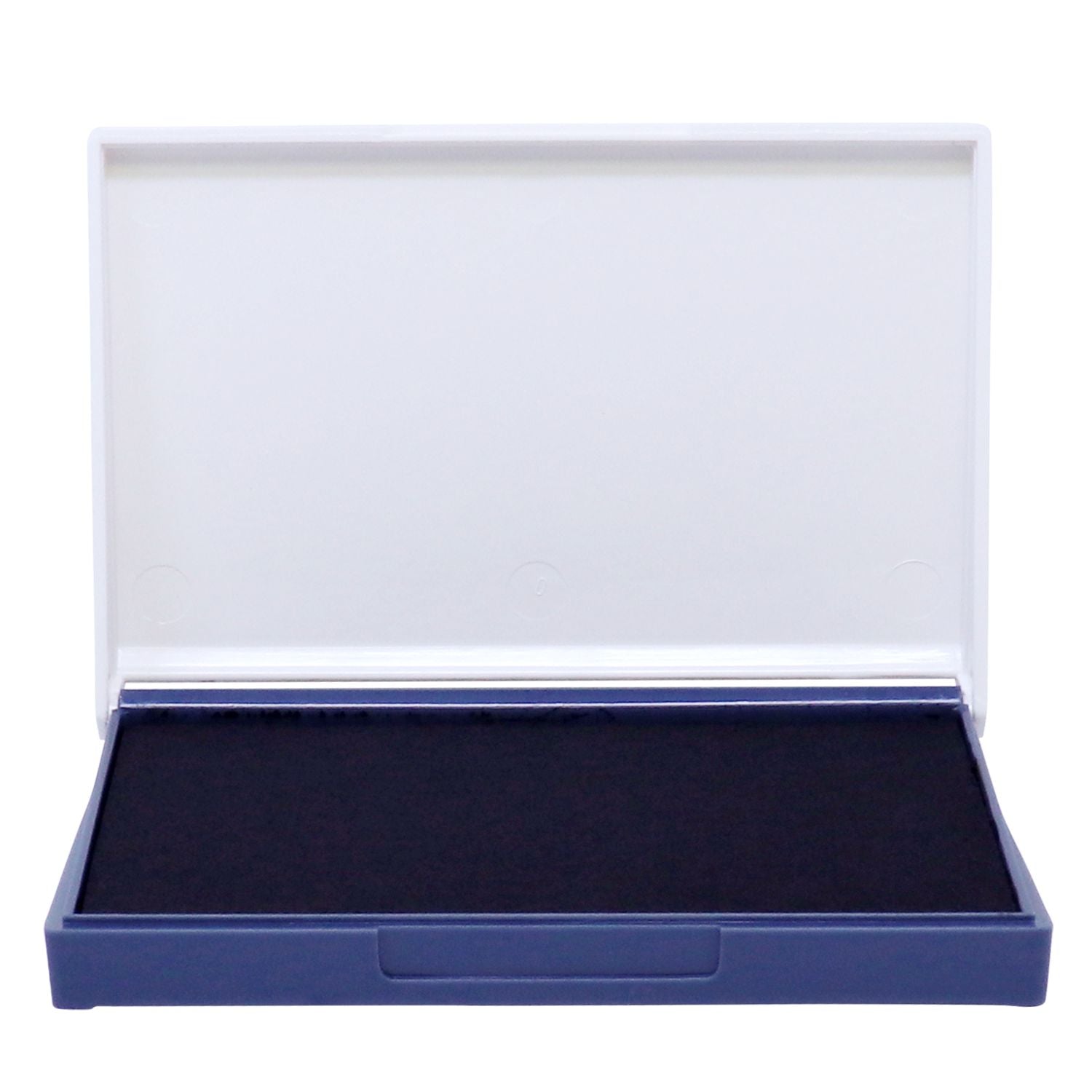 Open blue and white plastic storage box with black interior, isolated on white background