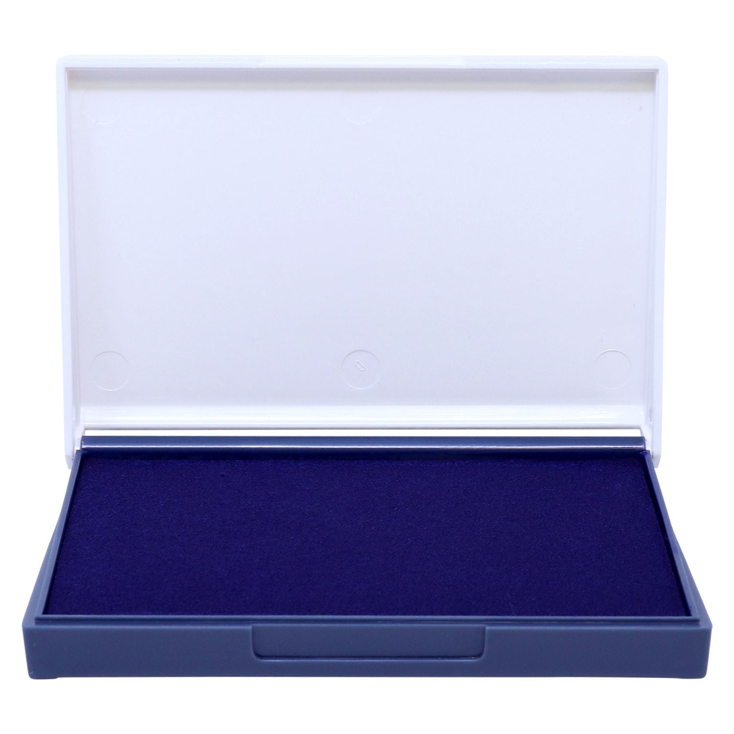 Open blue cosmetic compact case with empty powder tray on white background