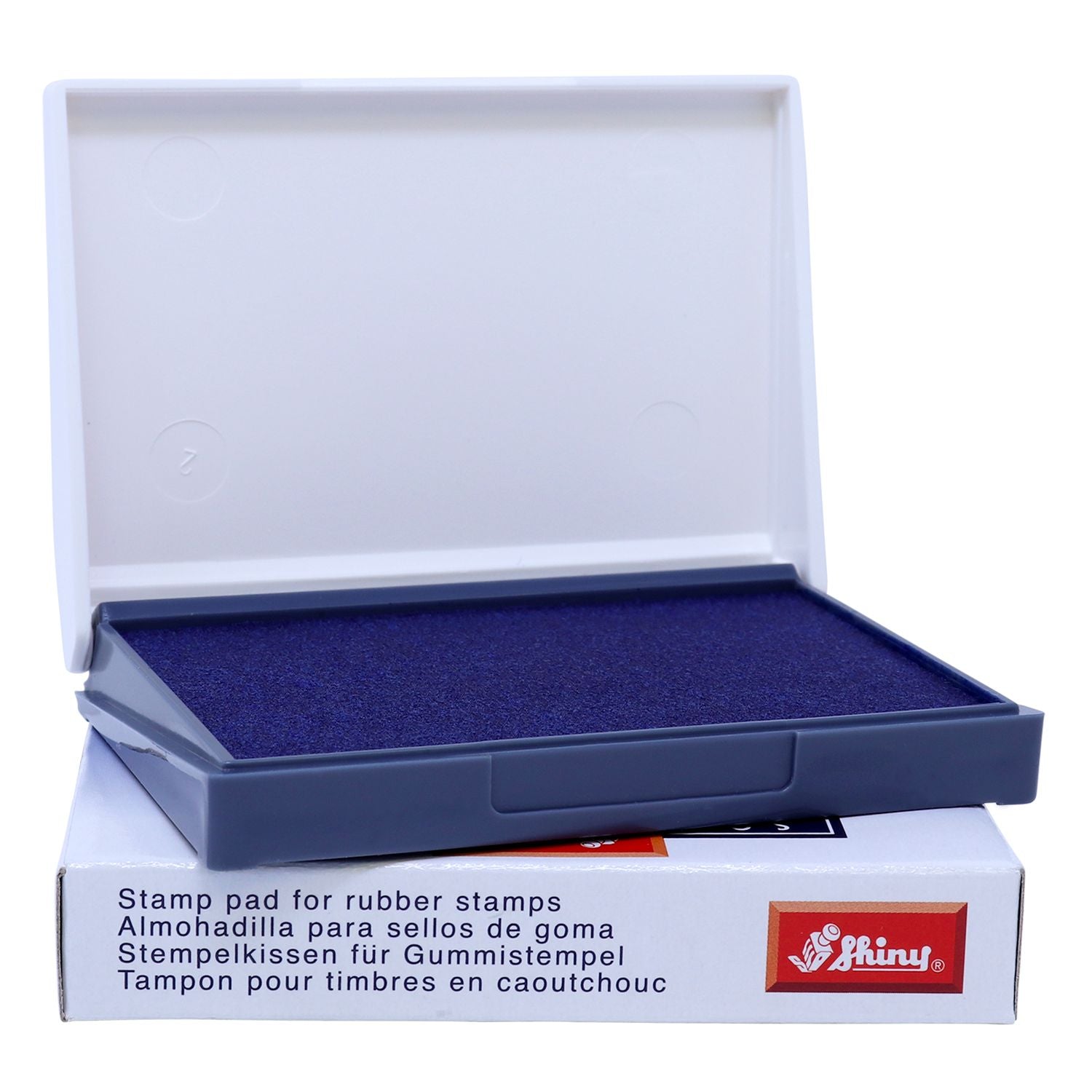 Open blue rubber stamp pad in plastic case on box, stamp pad for rubber stamps.