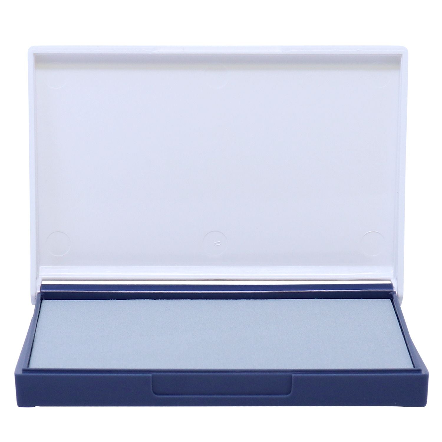 Open blue cosmetic compact case with hinged lid and empty interior on white background.