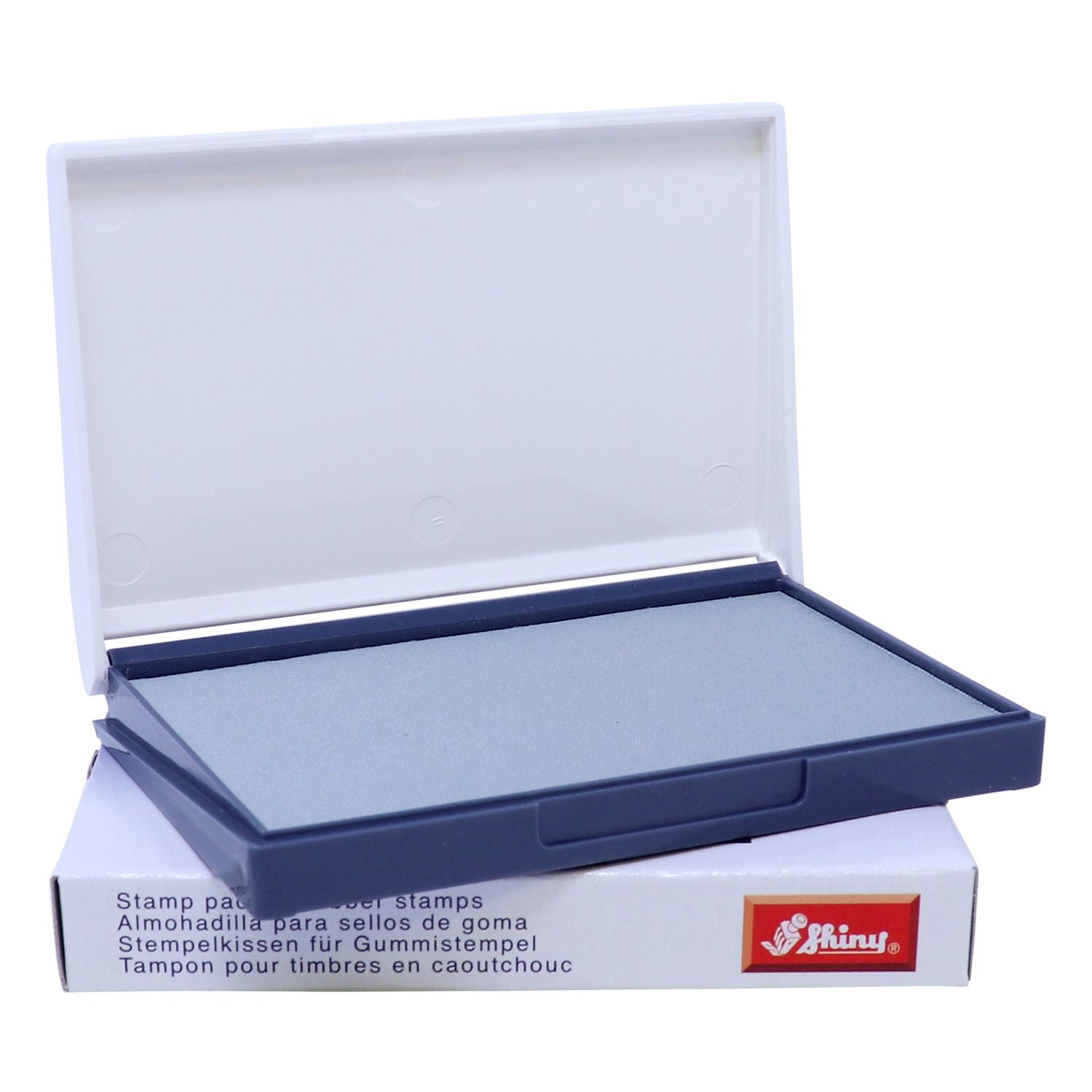 Open blue Shiny rubber stamp ink pad in plastic case, office stamping supply product on white background