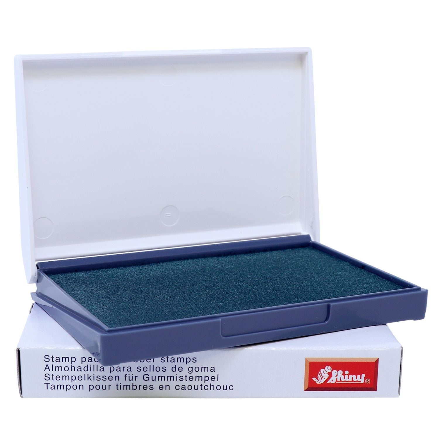 Open blue rubber stamp ink pad in plastic case on white background, office supply for stamping.