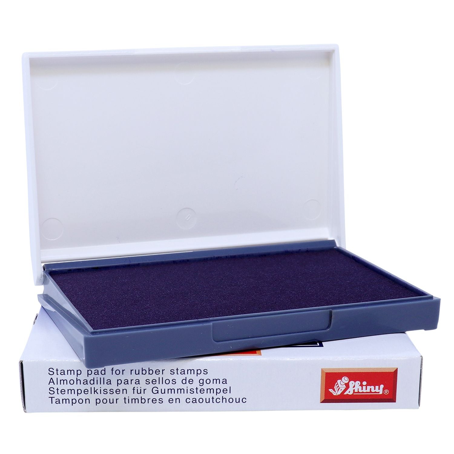 Open purple stamp pad for rubber stamps in plastic case, Shiny brand ink pad on white background