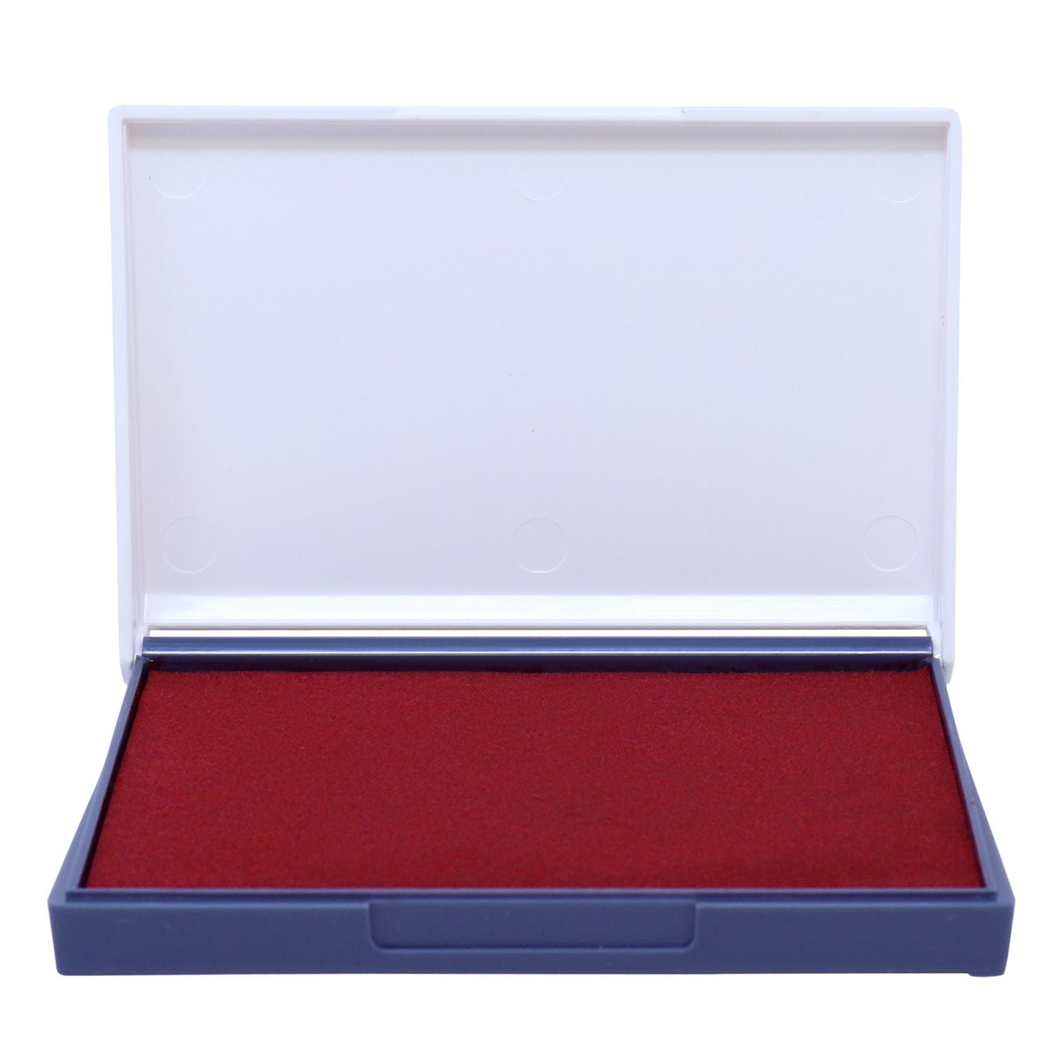 Open blue rubber stamp ink pad with red ink surface on a white background