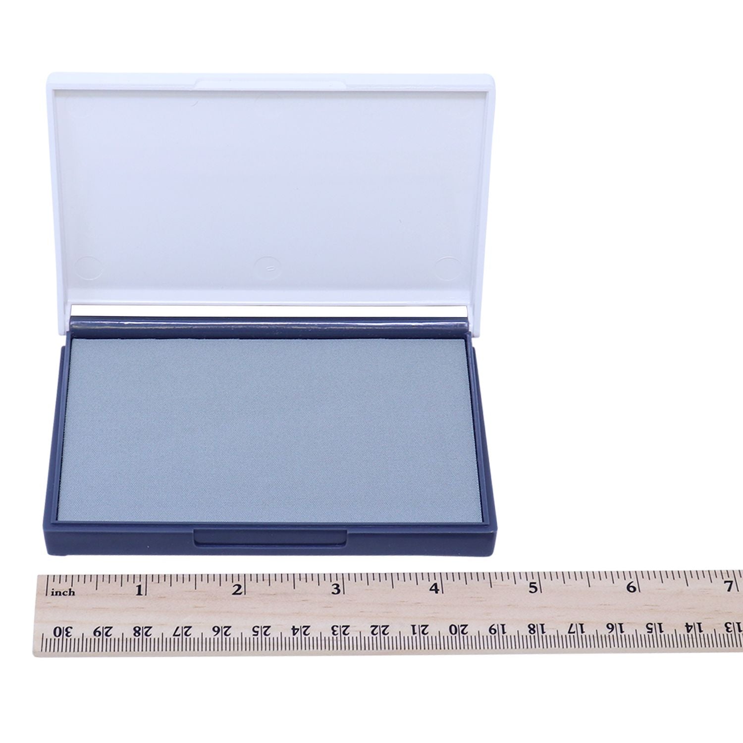 Open blue cosmetic powder compact case with clear lid, shown next to a ruler for size comparison.