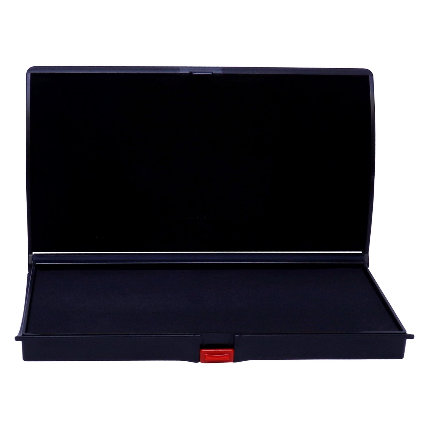 Open black plastic storage case with hinged lid and red latch on a white background