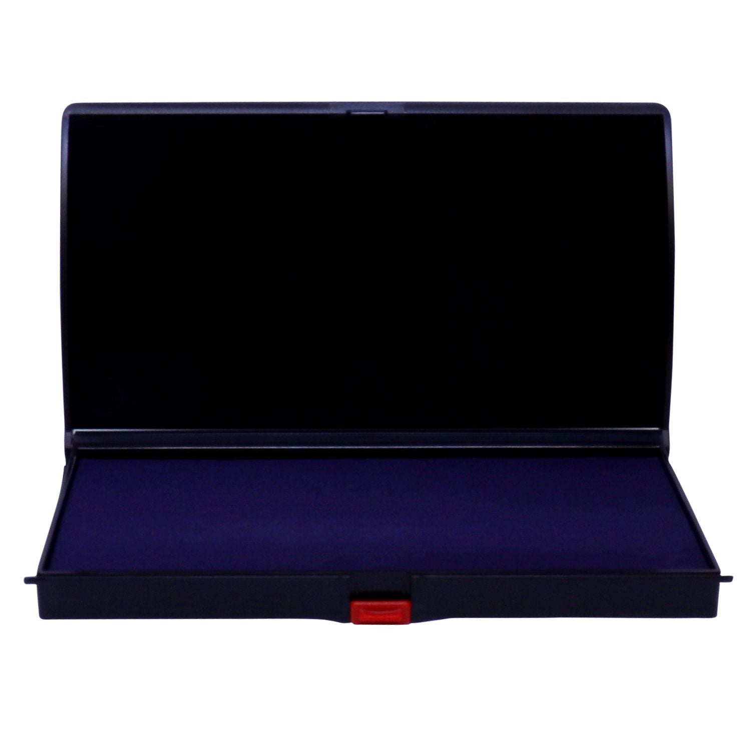 Open black and purple storage case with red latch on white background, empty rectangular carrying box.