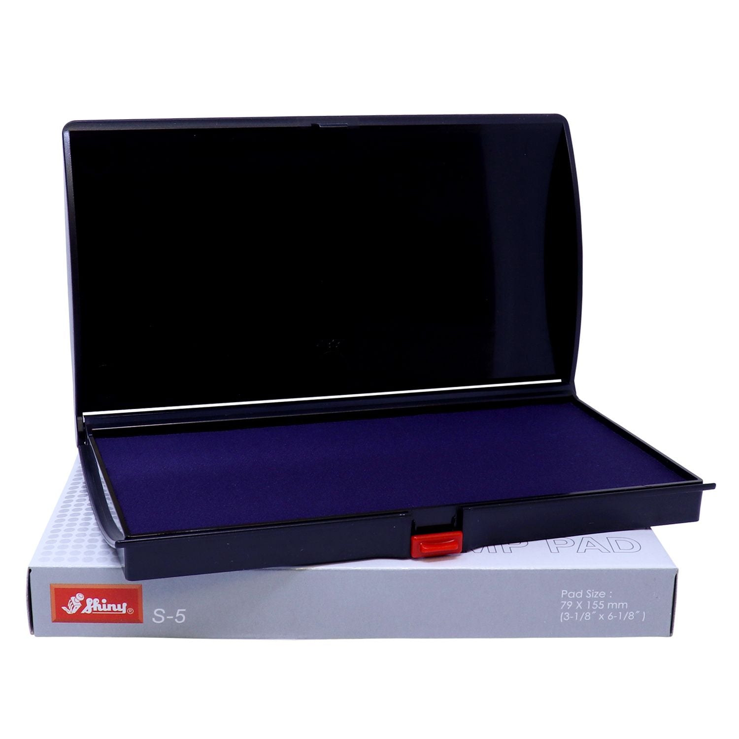 Open Shiny S-5 self-inking stamp pad in black, ideal office stamp accessory with 79 x 155 mm pad size.