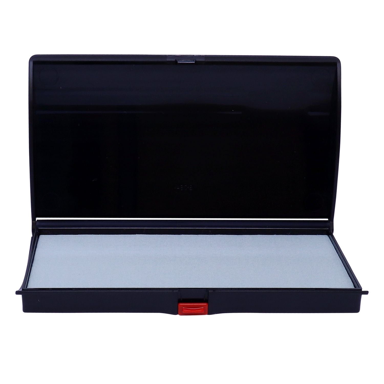 Open black plastic storage case with gray interior and red latch on a white background.