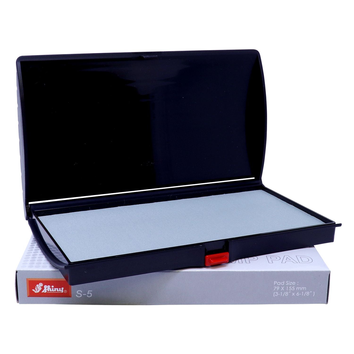 Open black stamp pad with gray ink surface on box, office stationery for stamping.