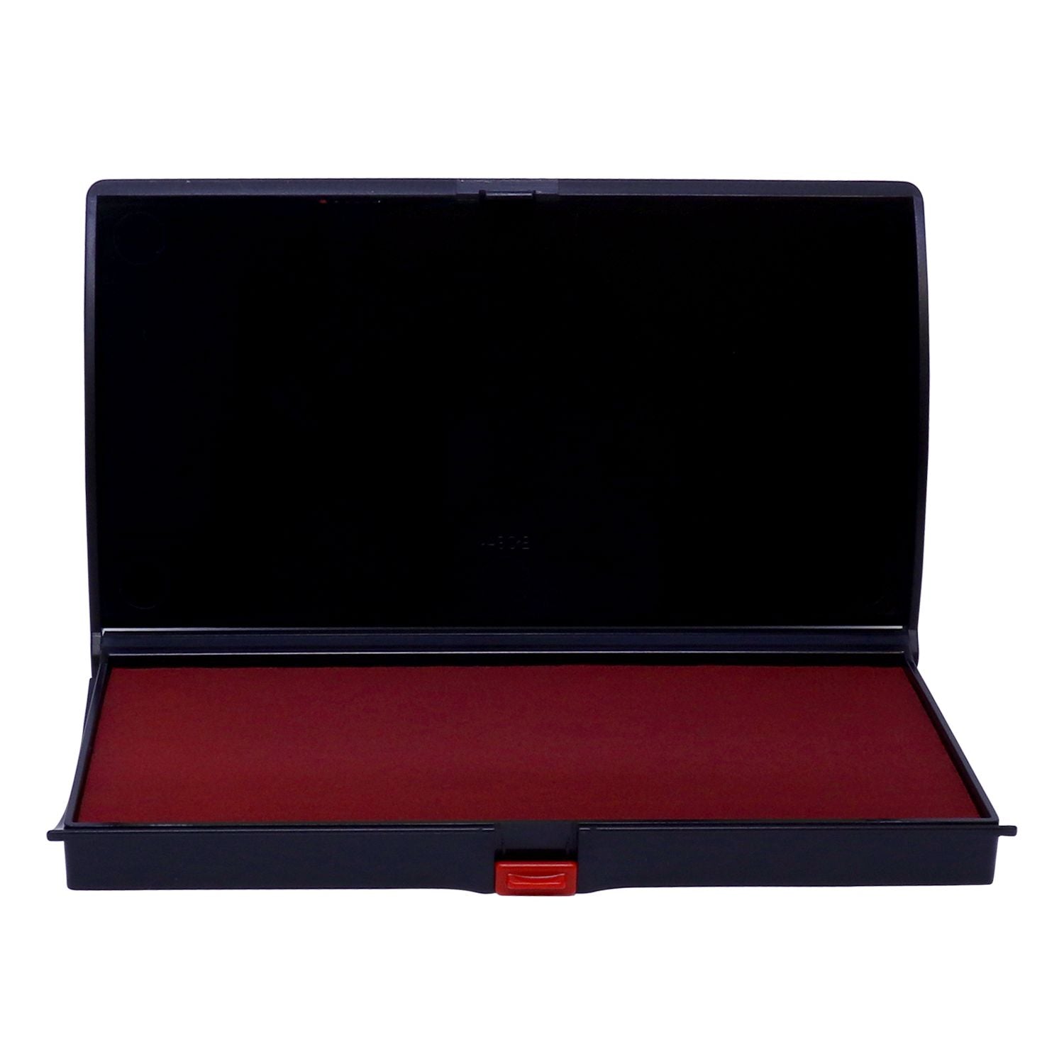 Open black presentation box with red velvet interior and secure clasp, ideal for luxury gift packaging or storage.