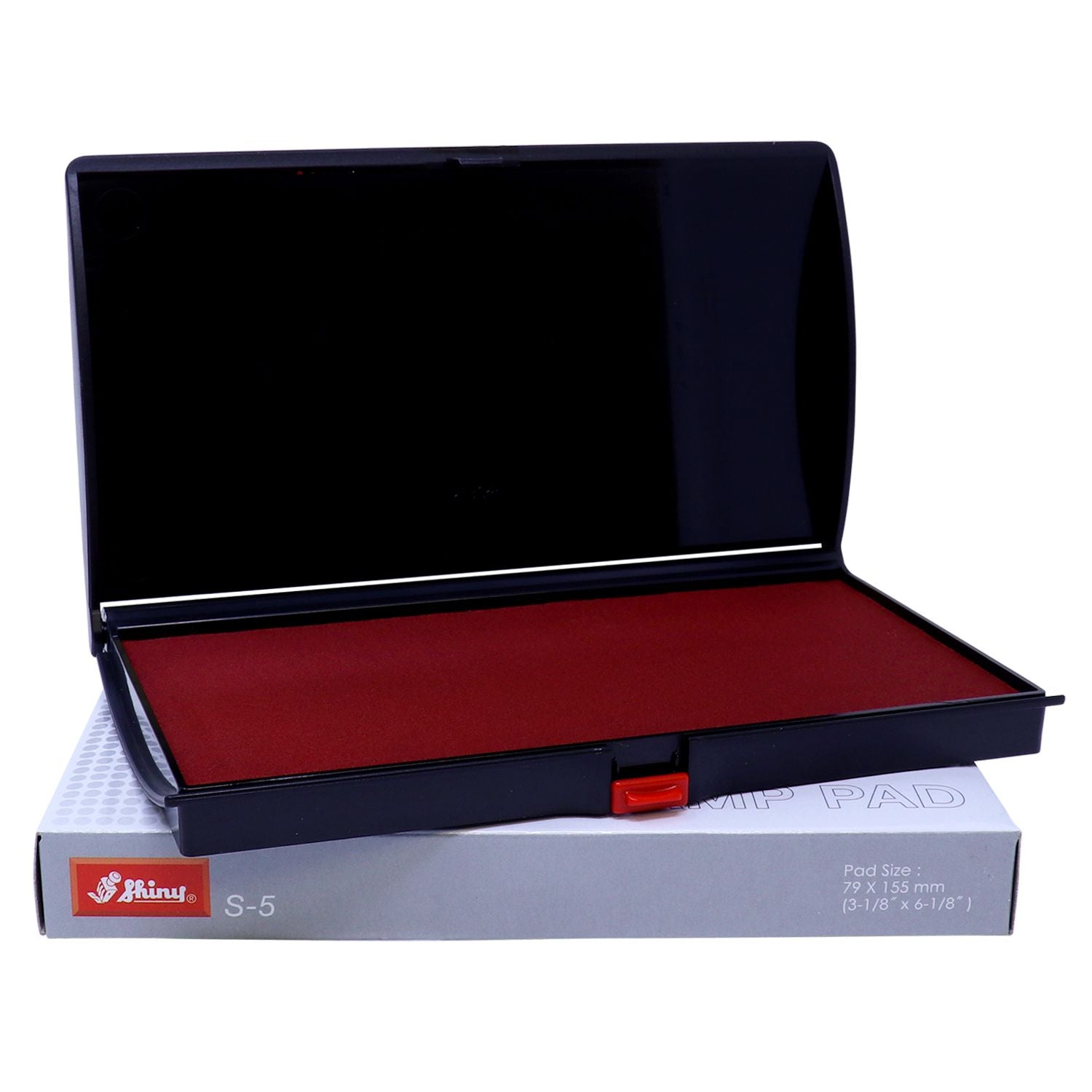 Open Shiny S-5 self-inking stamp pad with red ink pad in black case on product box