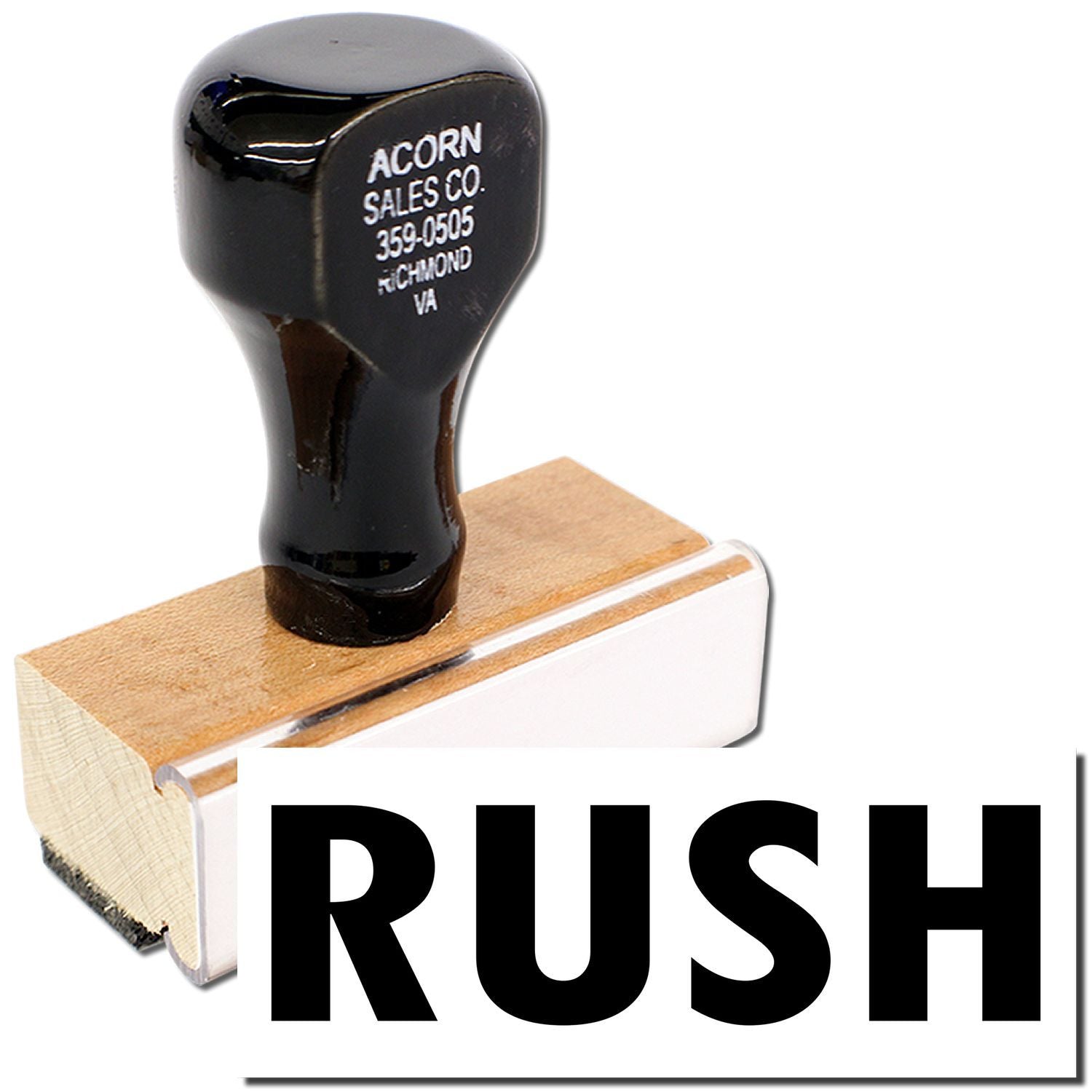 Black RUSH rubber stamp with wooden handle, office supply from Acorn Sales Co.