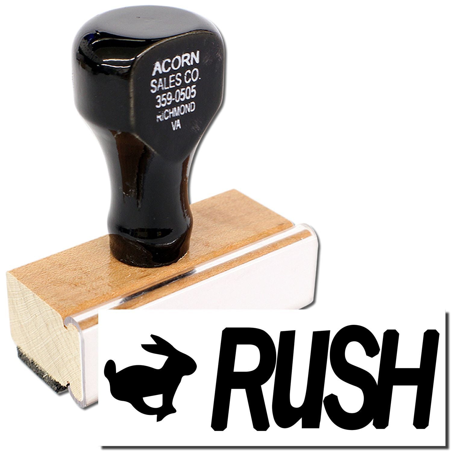 Custom black rubber stamp with RUSH logo and Acorn Sales Co. imprint on wooden handle.