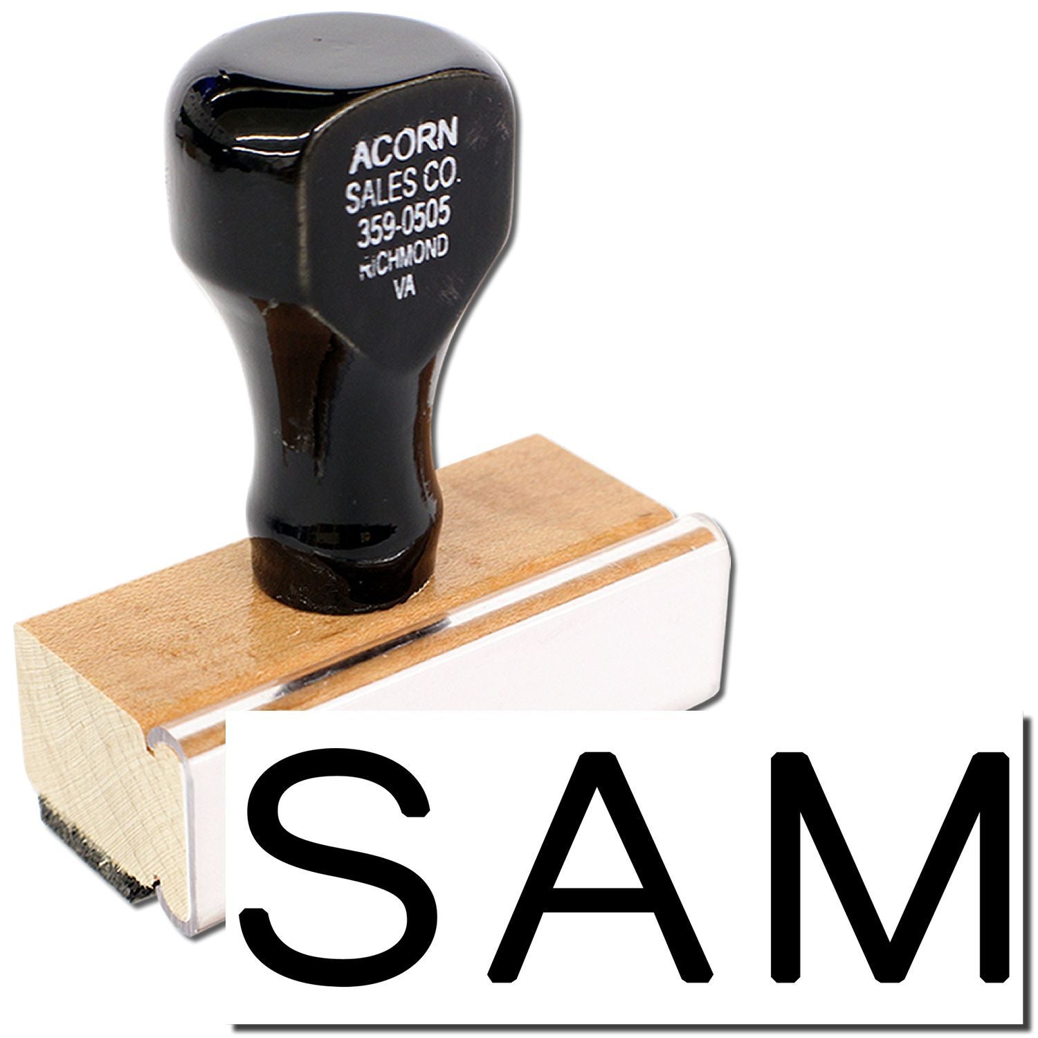 Custom self-inking rubber stamp with black handle and SAM imprint, office stamping tool on white background