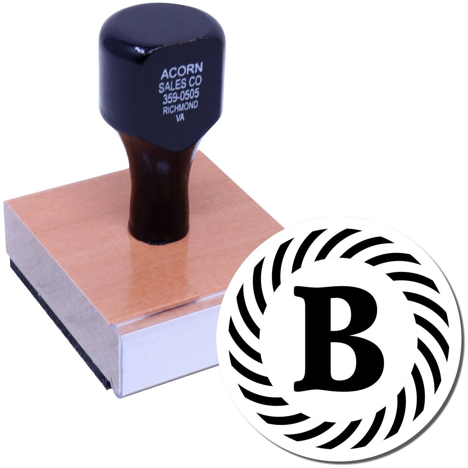 Custom rubber stamp for business branding, logo imprinting, and office use on ink pad.