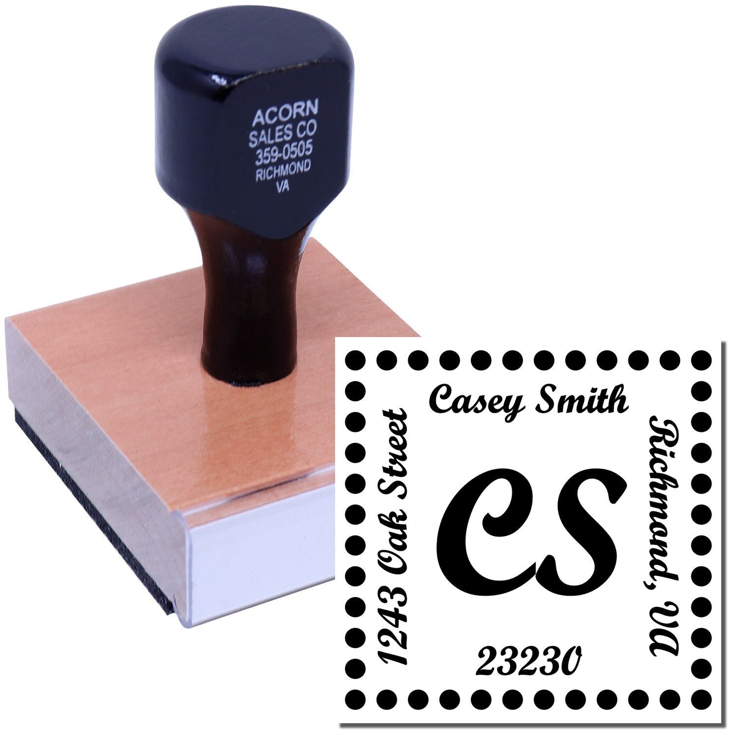 Custom rubber address stamp with handle, showing monogram and return address impression for mailing and business use.