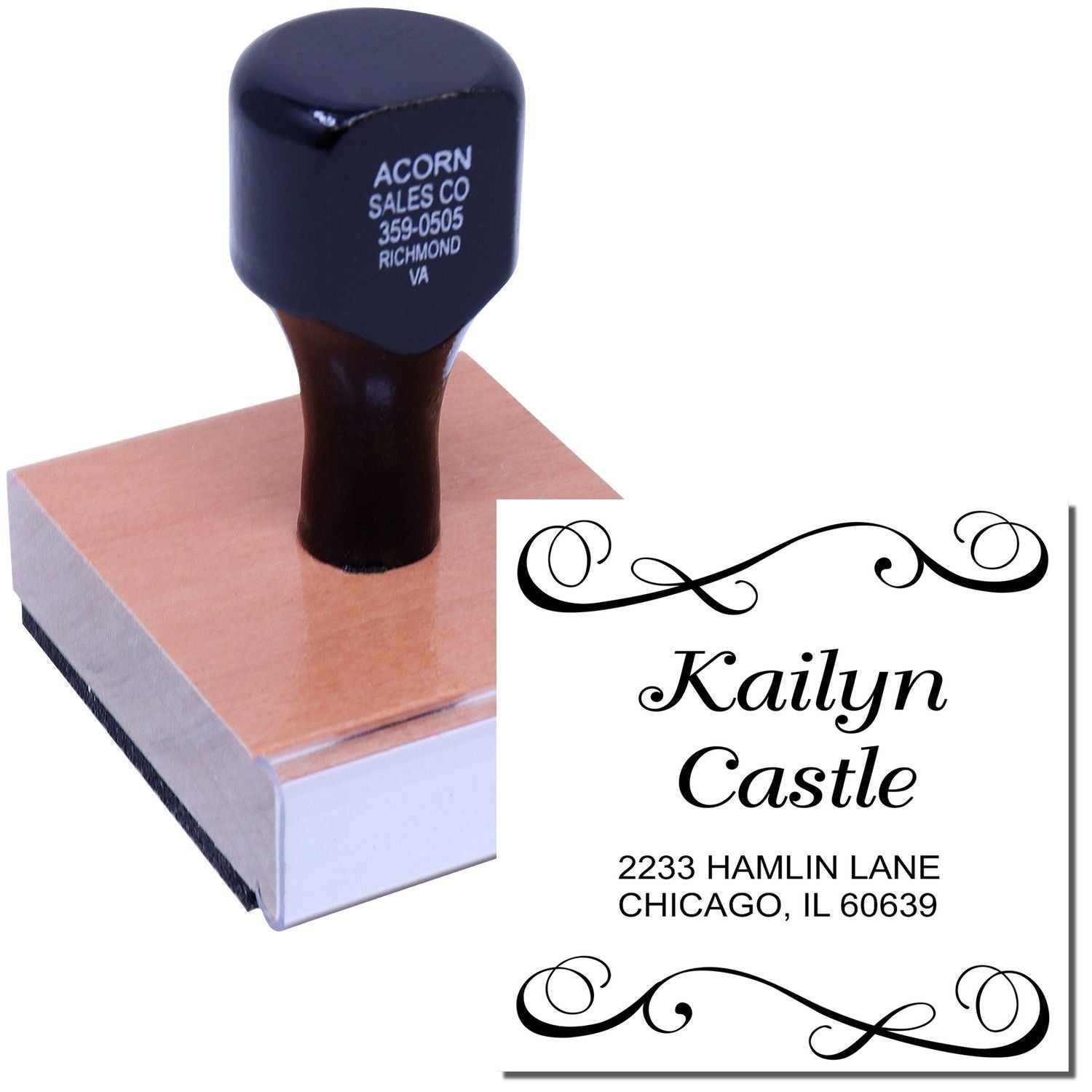 Custom wood handle rubber address stamp with name and address, ideal for personalized mailing and stationery.