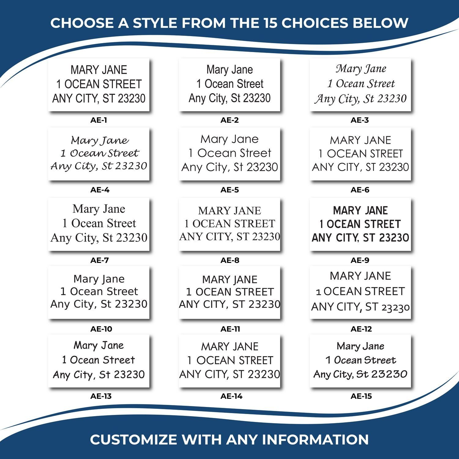 Custom return address label style chart with 15 font options and personalized mailing address examples for envelopes and stationery.