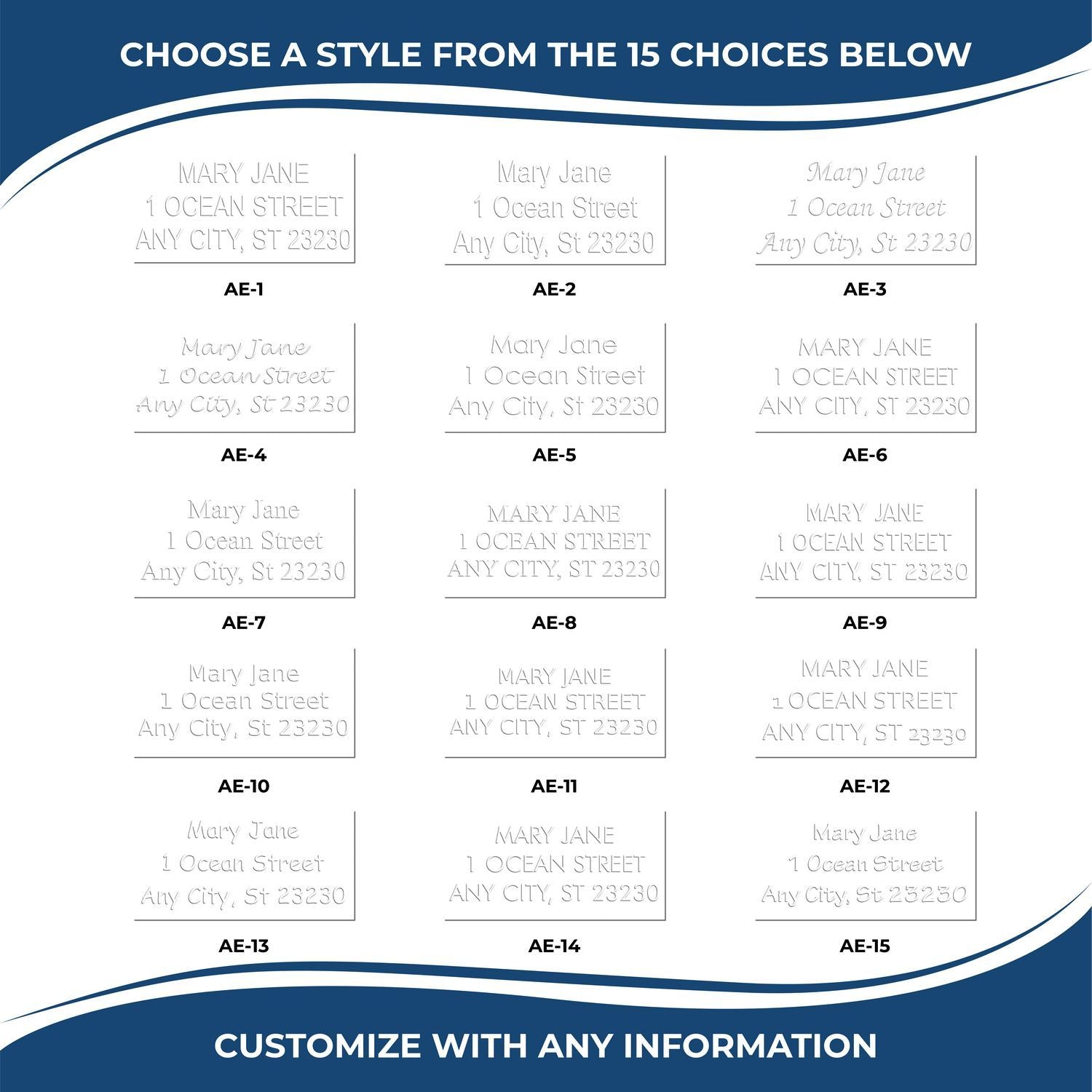 Custom address typography template with 15 font style options on a blue and white design, featuring Choose a style from the 15 choices below and Customize with any information.