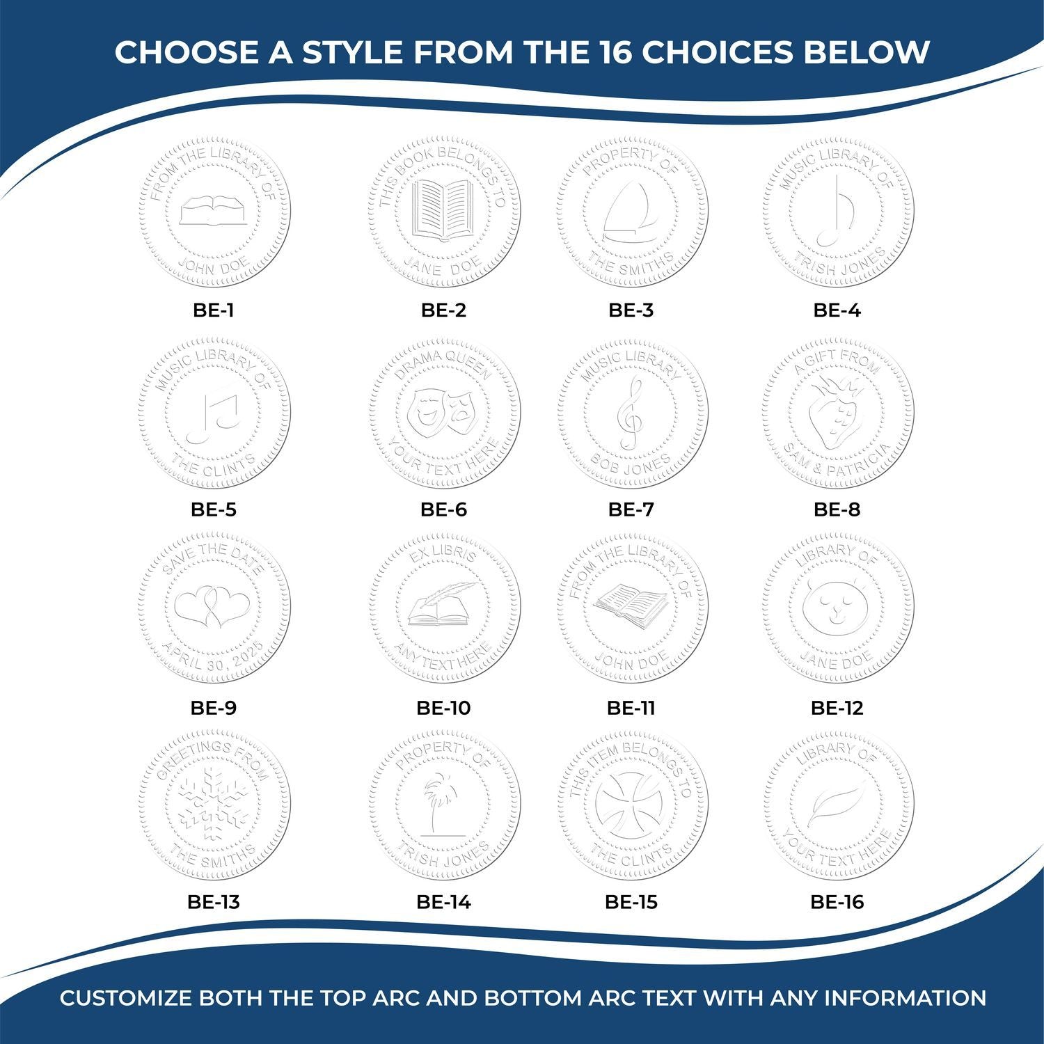 Customizable bookplate design template with 16 style options and editable top and bottom arc text for books, gifts, and personal library labels.