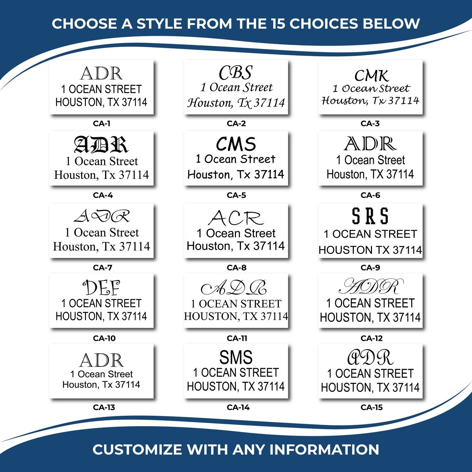 Custom monogram return address labels with 15 font style choices and sample name and Houston, TX address layouts, customizable for any information.