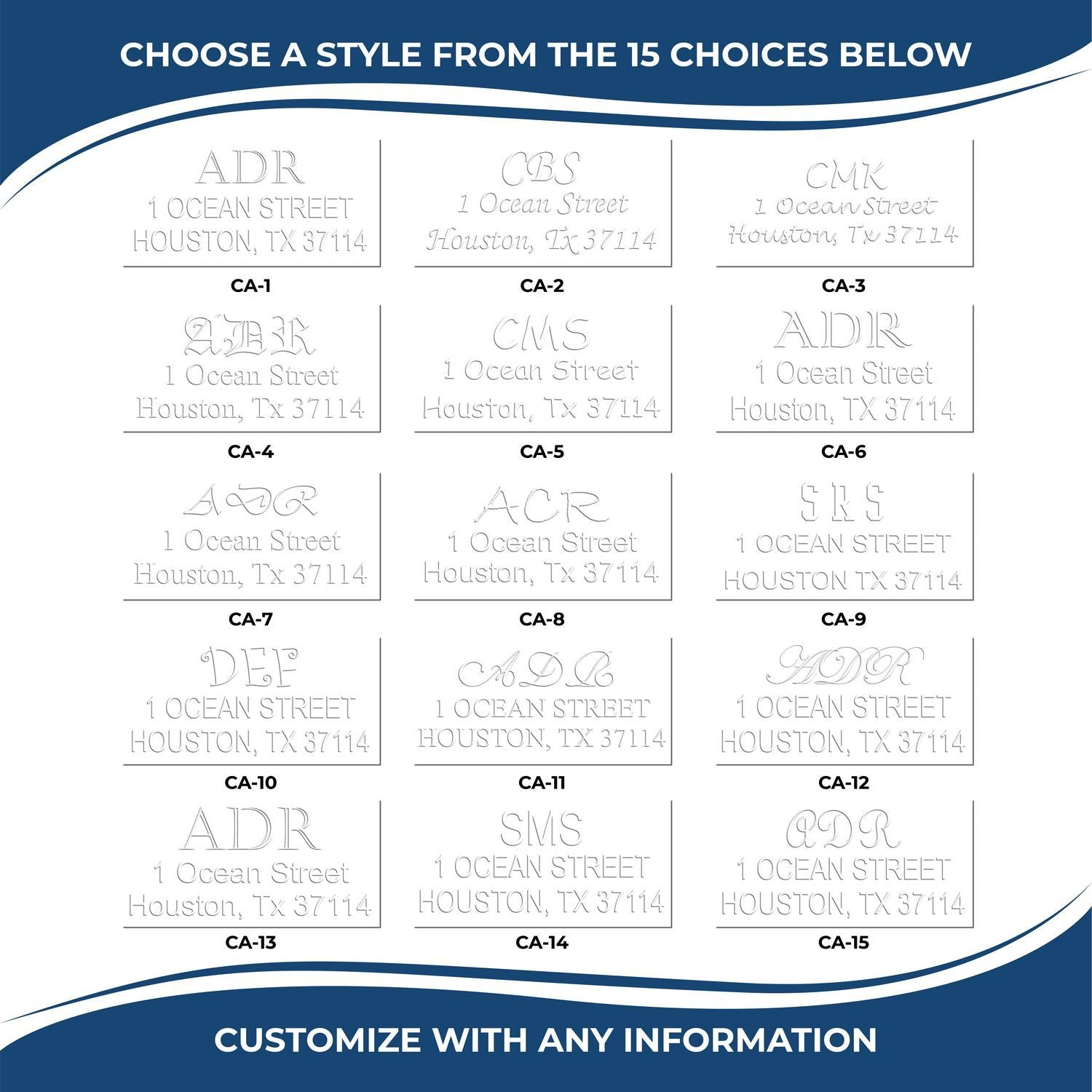 15 custom monogram address sign font styles preview with personalized text options and blue bordered design template