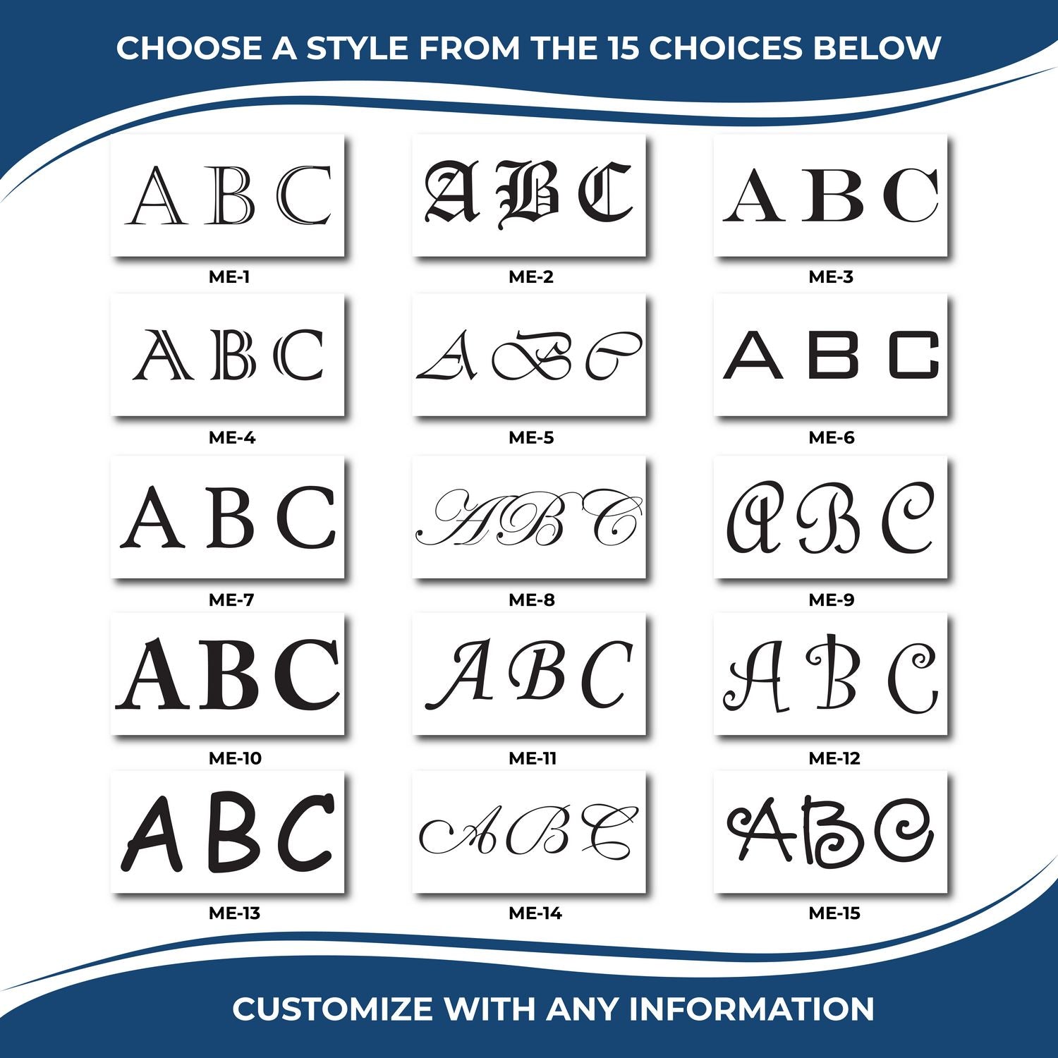 15 monogram font style chart showing 15 ABC lettering options for custom personalization and design selection.