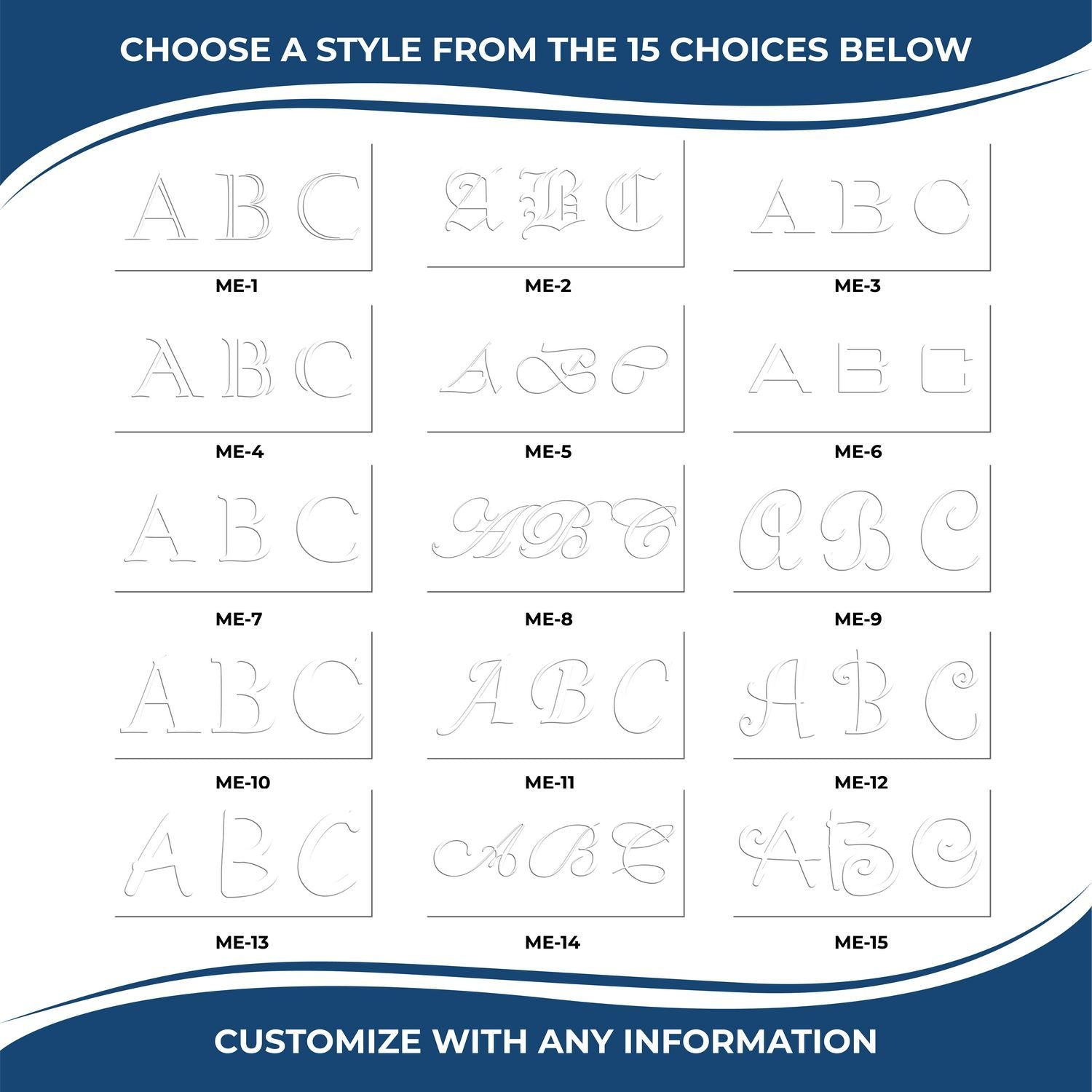 Monogram font style chart with 15 customizable ABC lettering options for personalized names and initials.