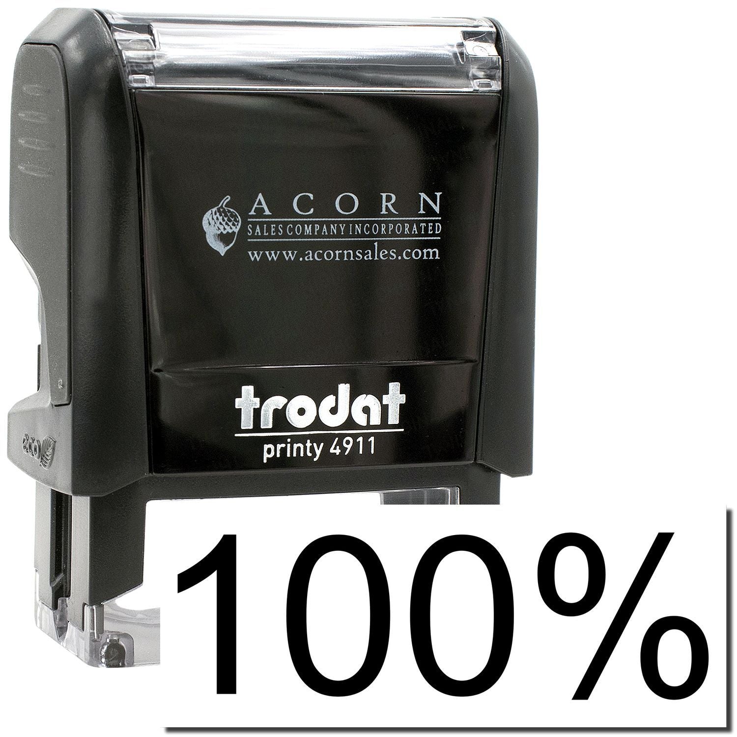 Trodat Printy 4911 self-inking stamp with 100% mark, black Acorn Sales Company stamp image.