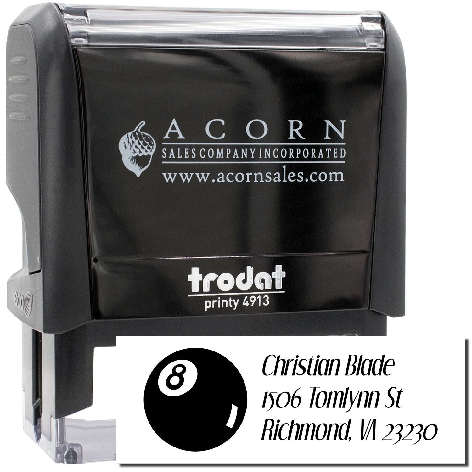 Custom self-inking rubber stamp, Trodat Printy 4913, with business logo and address imprint for mailing